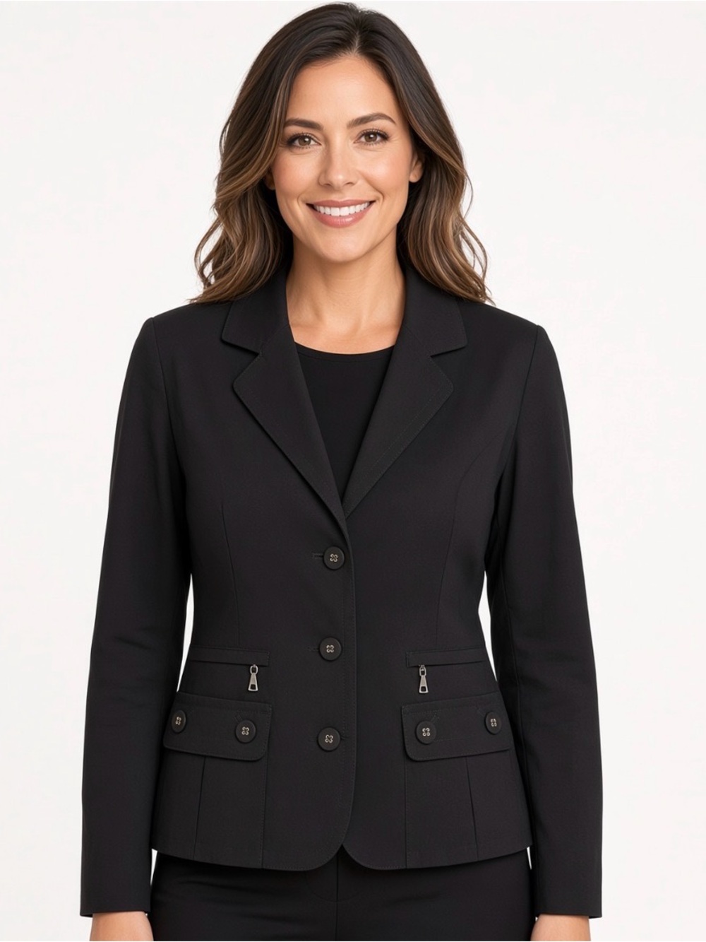 Axcess Black Stretch Blazer Size 12 Zip Pockets Button Front